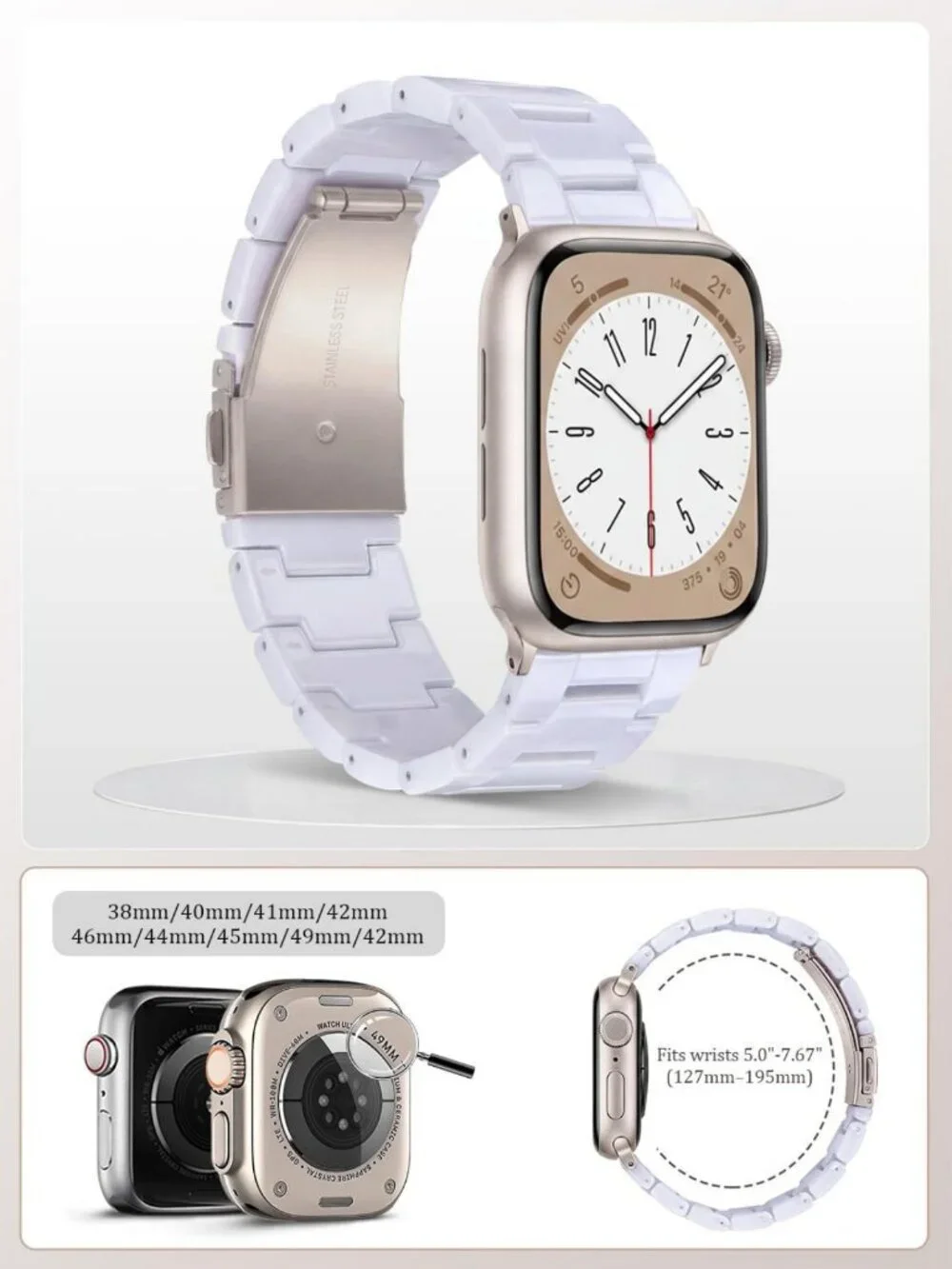 Stylish Resin Apple Watch Band for Series 1-11, Unisex, Pure White, 38-42mm
